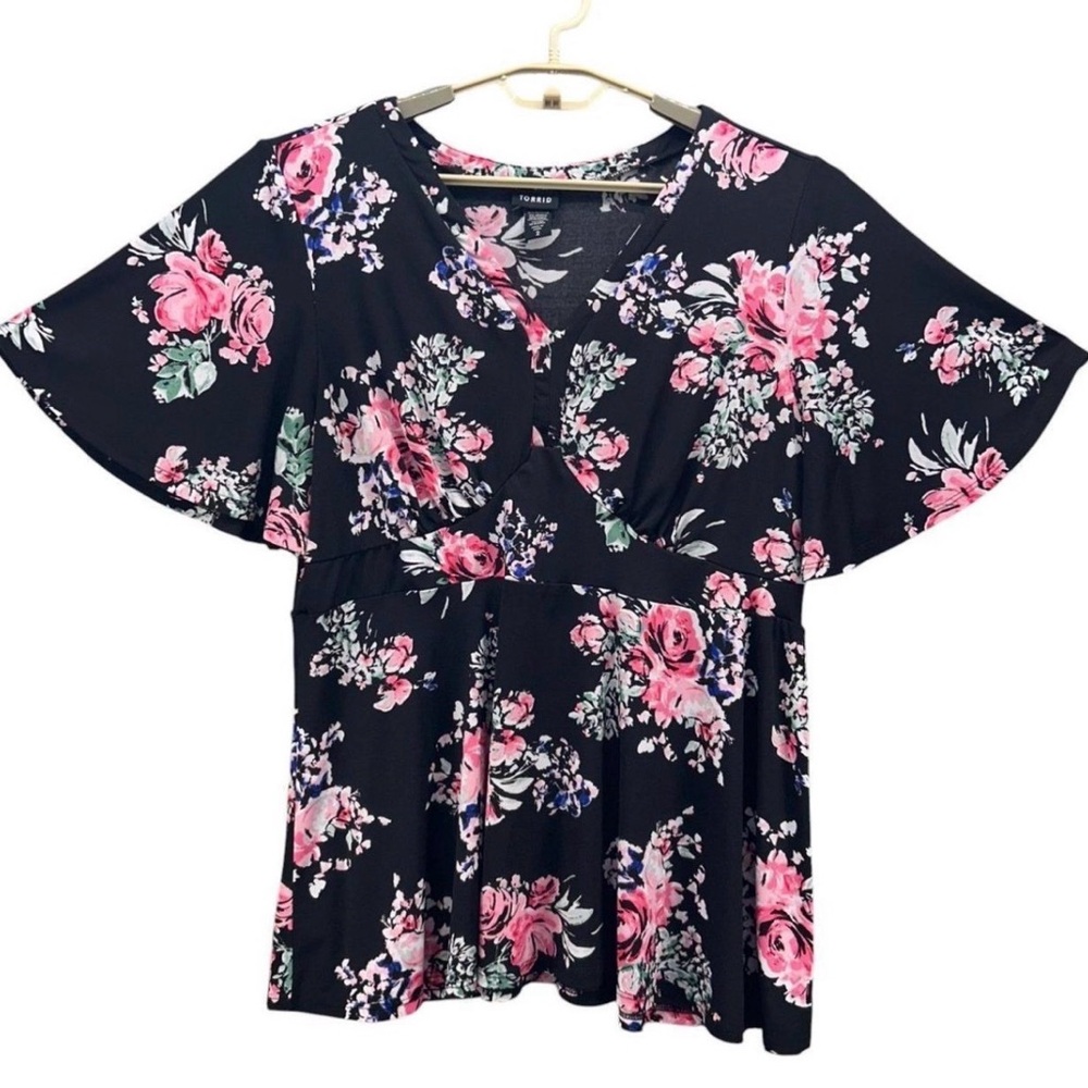 Torrid Black Floral Babydoll V-Neck Short Sleeve Peplum Blouse 4X - Picture 3 of 10